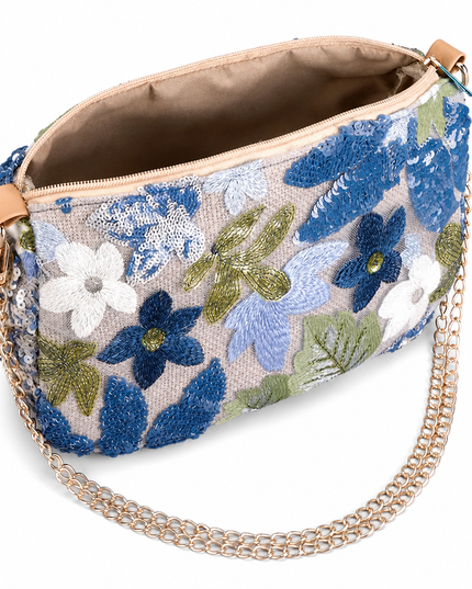 Luxe damesschoudertas met bloemenborduurwerk  lichtblauw